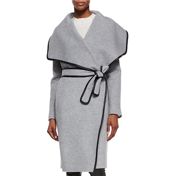 Vince Drape Front Leather Trim Wool Wrap Coat - Picture 2 of 7